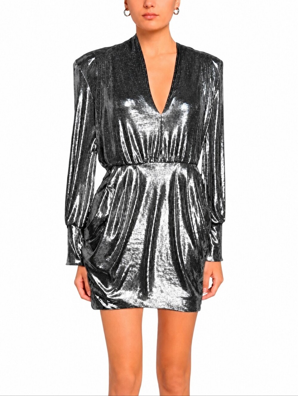 BA&SH | Miss Metallic Silver Plunge Long Sleeve Party Mini Dress XS NWT